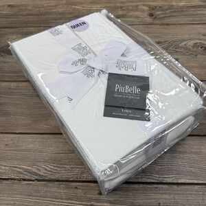 PiuBelle Portugal QUEEN 4 PC Sheet Set White With Tan Stitch 100%Cotton NEW